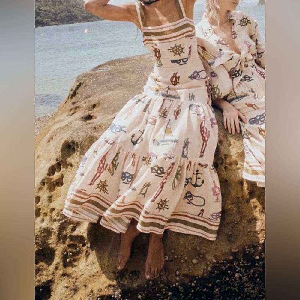 Women’s Nautical Print Midi Dress in Beige